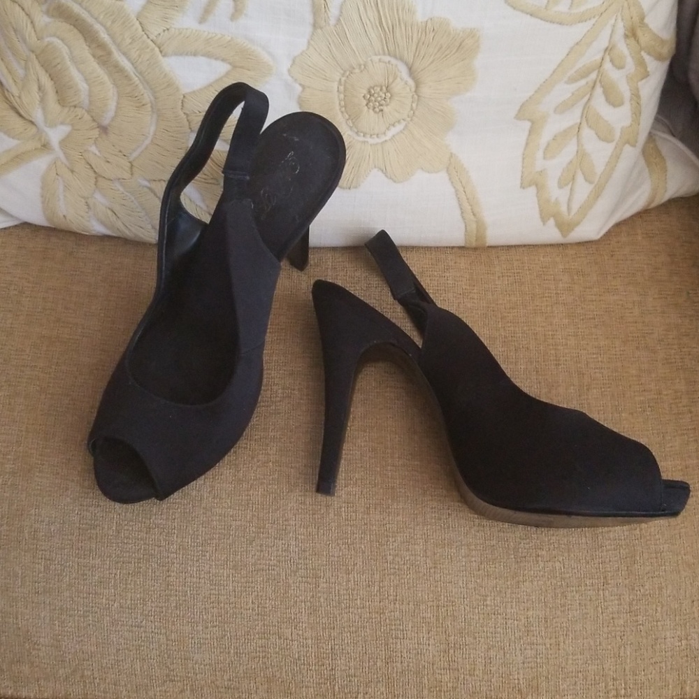 Black Satin Peep Toe Pump